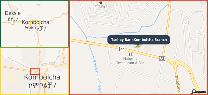Map showing the address of Tsehay BankKombolcha Branch in three different zoom levels.
