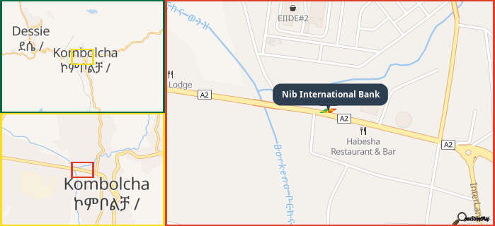 Map showing the address of Nib International Bank in three different zoom levels.