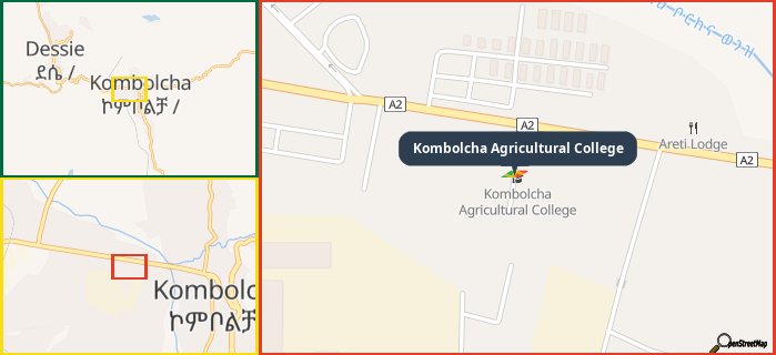 Map showing the address of Kombolcha Agricultural College in three different zoom levels.