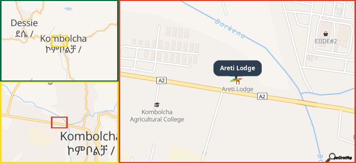 Map showing the address of Areti Lodge in three different zoom levels.