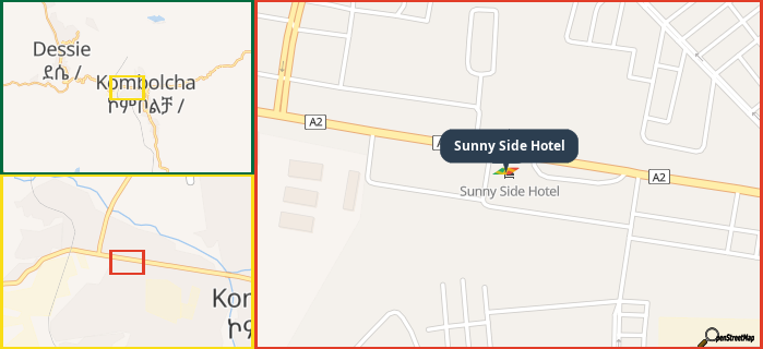 Map showing the address of Sunny Side Hotel in three different zoom levels.