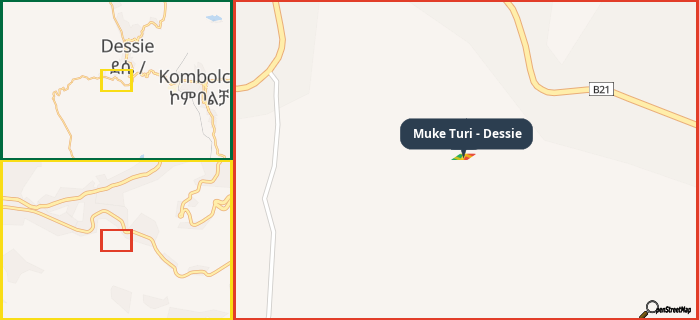 Map showing the address of Muke Turi - Dessie in three different zoom levels.