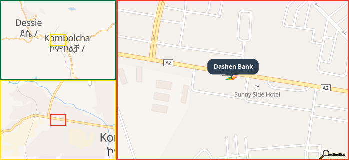 Map showing the address of Dashen Bank in three different zoom levels.