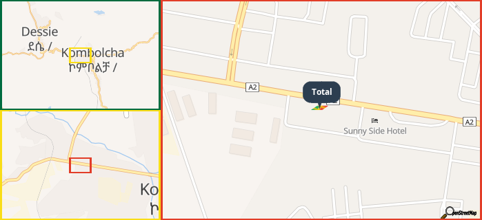 Map showing the address of Total in three different zoom levels.