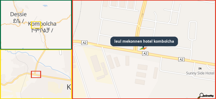 Map showing the address of leul mekonnen hotel kombolcha in three different zoom levels.