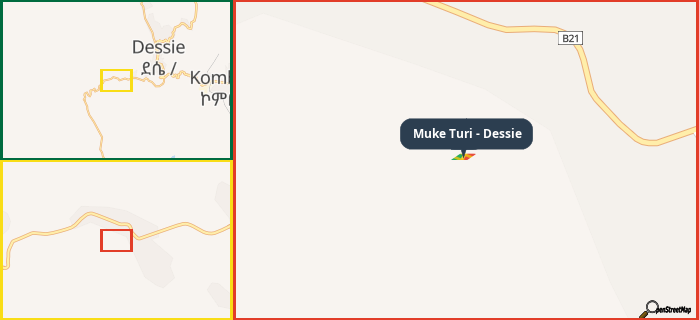 Map showing the address of Muke Turi - Dessie in three different zoom levels.