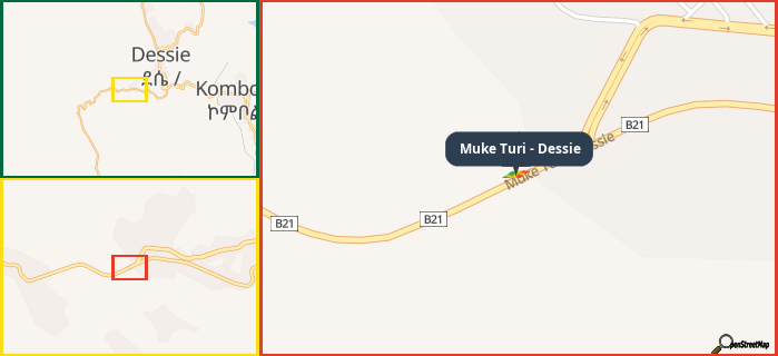 Map showing the address of Muke Turi - Dessie in three different zoom levels.