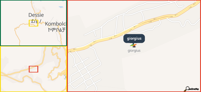 Map showing the address of giorgius in three different zoom levels.