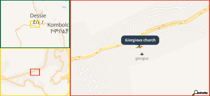 Map showing the address of Giorgious church in three different zoom levels.