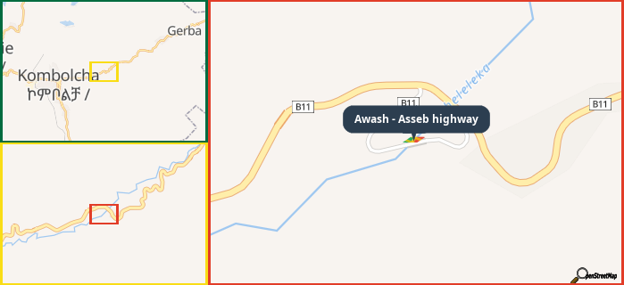 Map showing the address of Awash - Asseb highway in three different zoom levels.