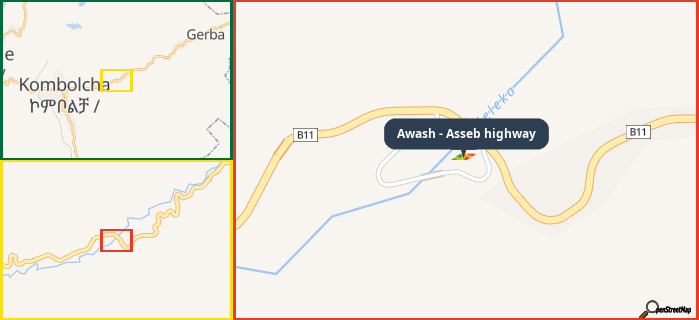 Map showing the address of Awash - Asseb highway in three different zoom levels.