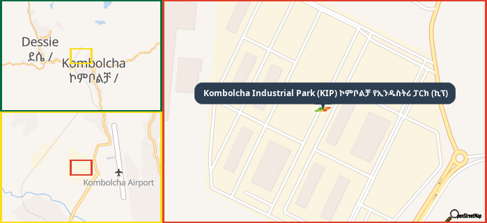 Map showing the address of Kombolcha Industrial Park (KIP) ኮምቦልቻ የኢንዱስትሪ ፓርክ (ኪፕ) in three different zoom levels.