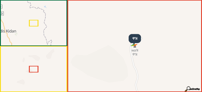 Map showing the address of ዋዝ in three different zoom levels.