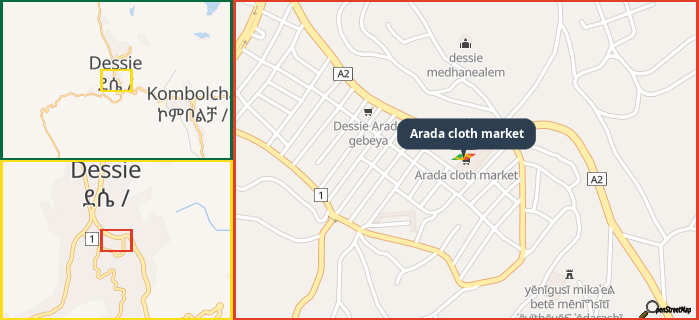 Map showing the address of Arada cloth market in three different zoom levels.
