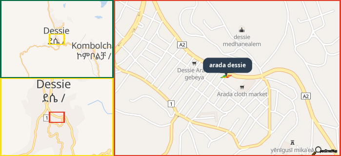 Map showing the address of arada dessie in three different zoom levels.