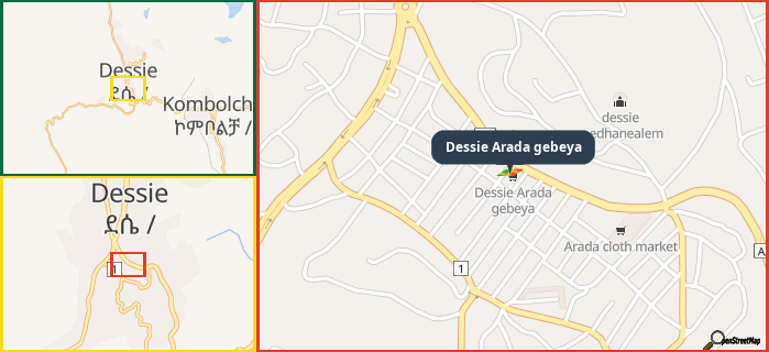 Map showing the address of Dessie Arada gebeya in three different zoom levels.