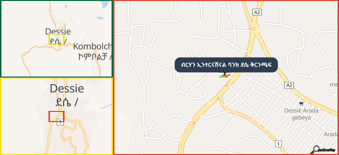 Map showing the address of ብርሃን ኢንተርናሽናል ባንክ ደሴ ቅርንጫፍ in three different zoom levels.