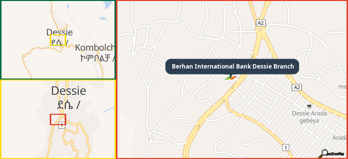 Map showing the address of Berhan International Bank Dessie Branch in three different zoom levels.