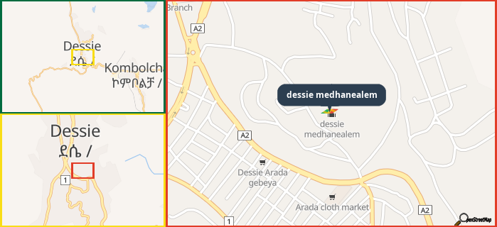 Map showing the address of dessie medhanealem in three different zoom levels.