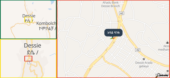 Map showing the address of አባይ ባንክ in three different zoom levels.