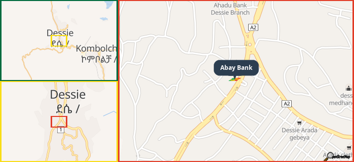 Map showing the address of Abay Bank in three different zoom levels.