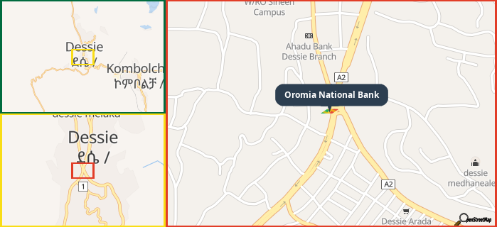 Map showing the address of Oromia National Bank in three different zoom levels.