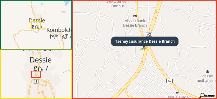 Map showing the address of Tsehay Insurance Dessie Branch in three different zoom levels.