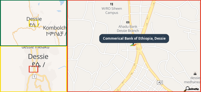 Map showing the address of Commerical Bank of Ethiopia, Dessie in three different zoom levels.