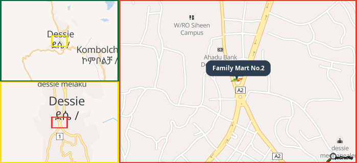 Map showing the address of Family Mart No.2 in three different zoom levels.