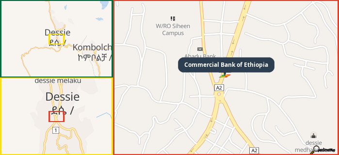 Map showing the address of Commercial Bank of Ethiopia in three different zoom levels.