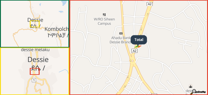 Map showing the address of Total in three different zoom levels.