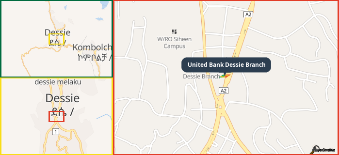 Map showing the address of United Bank Dessie Branch in three different zoom levels.