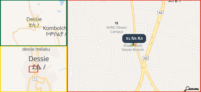 Map showing the address of ቢኒ ሼክ ጁስ in three different zoom levels.