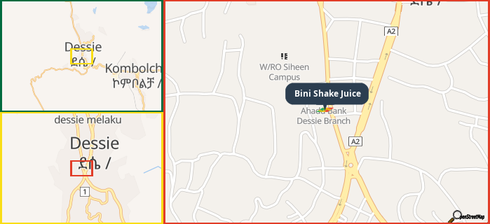 Map showing the address of Bini Shake Juice in three different zoom levels.