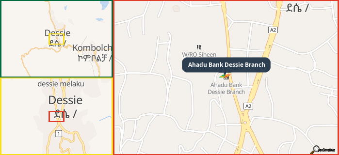 Map showing the address of Ahadu Bank Dessie Branch in three different zoom levels.
