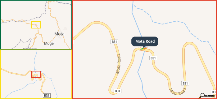 Map showing the address of Mota Road in three different zoom levels.