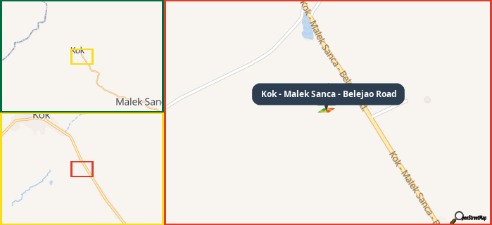 Map showing the address of Kok - Malek Sanca - Belejao Road in three different zoom levels.