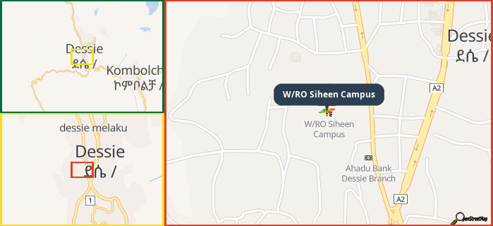 Map showing the address of W/RO Siheen Campus in three different zoom levels.