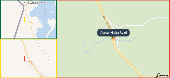 Map showing the address of Asosa - Guba Road in three different zoom levels.