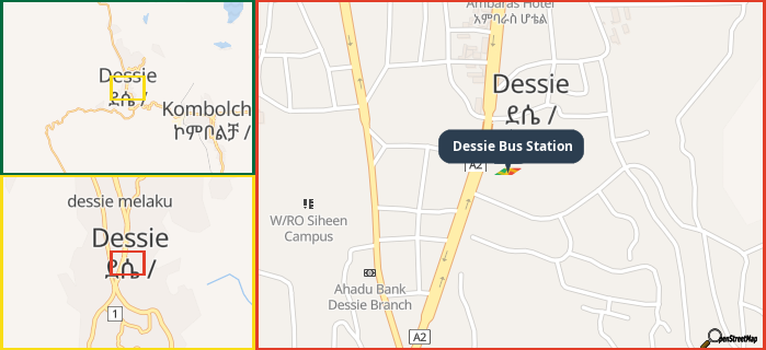 Map showing the address of Dessie Bus Station in three different zoom levels.