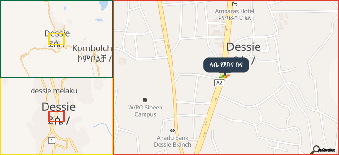 Map showing the address of ሉቤ የጀበና ቡና in three different zoom levels.