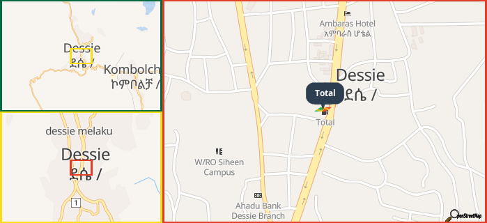 Map showing the address of Total in three different zoom levels.