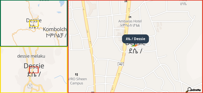 Map showing the address of ደሴ / Dessie in three different zoom levels.