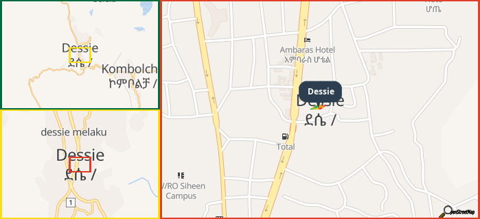 Map showing the address of Dessie in three different zoom levels.