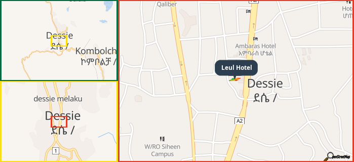 Map showing the address of Leul Hotel in three different zoom levels.