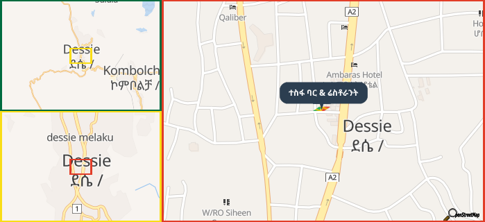Map showing the address of ተስፋ ባር & ሬስቶራንት in three different zoom levels.