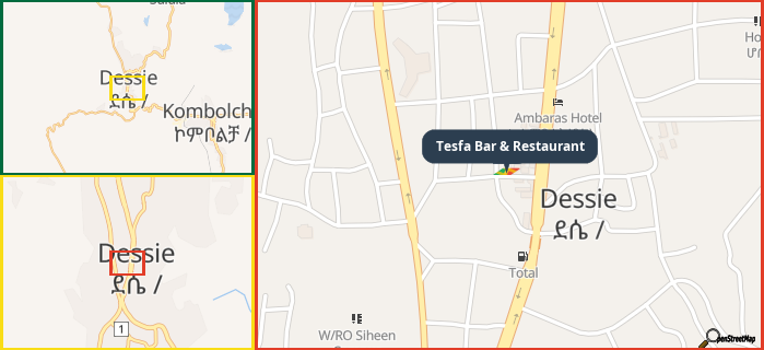 Map showing the address of Tesfa Bar & Restaurant in three different zoom levels.