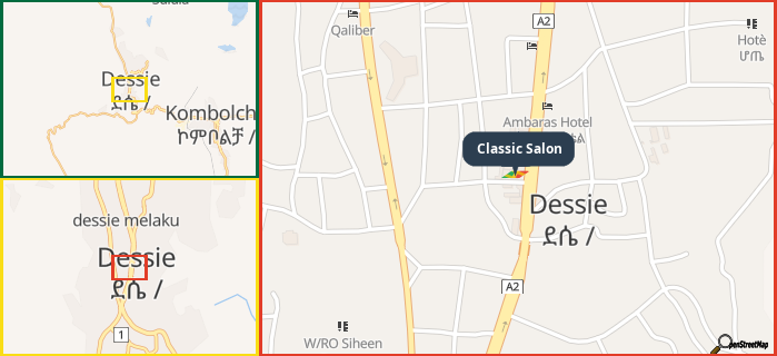 Map showing the address of Classic Salon in three different zoom levels.
