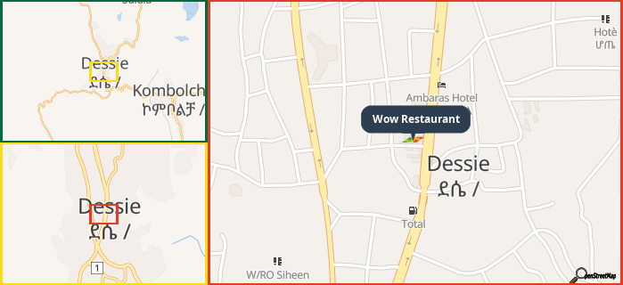 Map showing the address of Wow Restaurant in three different zoom levels.