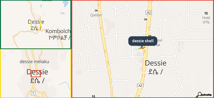 Map showing the address of dessie shell in three different zoom levels.